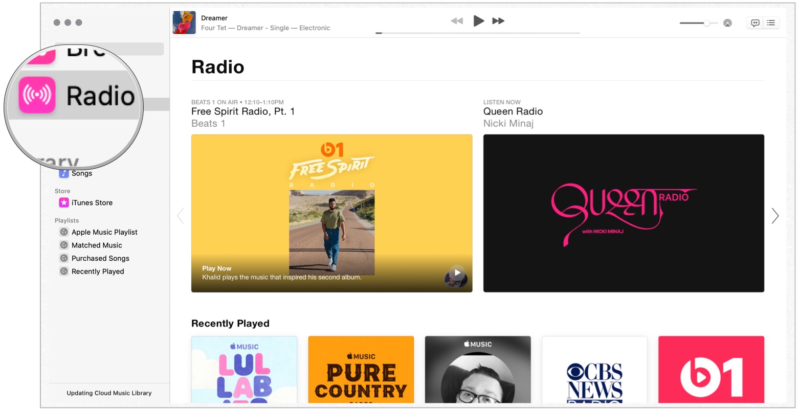 To listen to prerecorded Apple Music ration stations on Mac, click the Music app, then click Radio on the left side of the app.  Scroll down and choose a channel to listen to