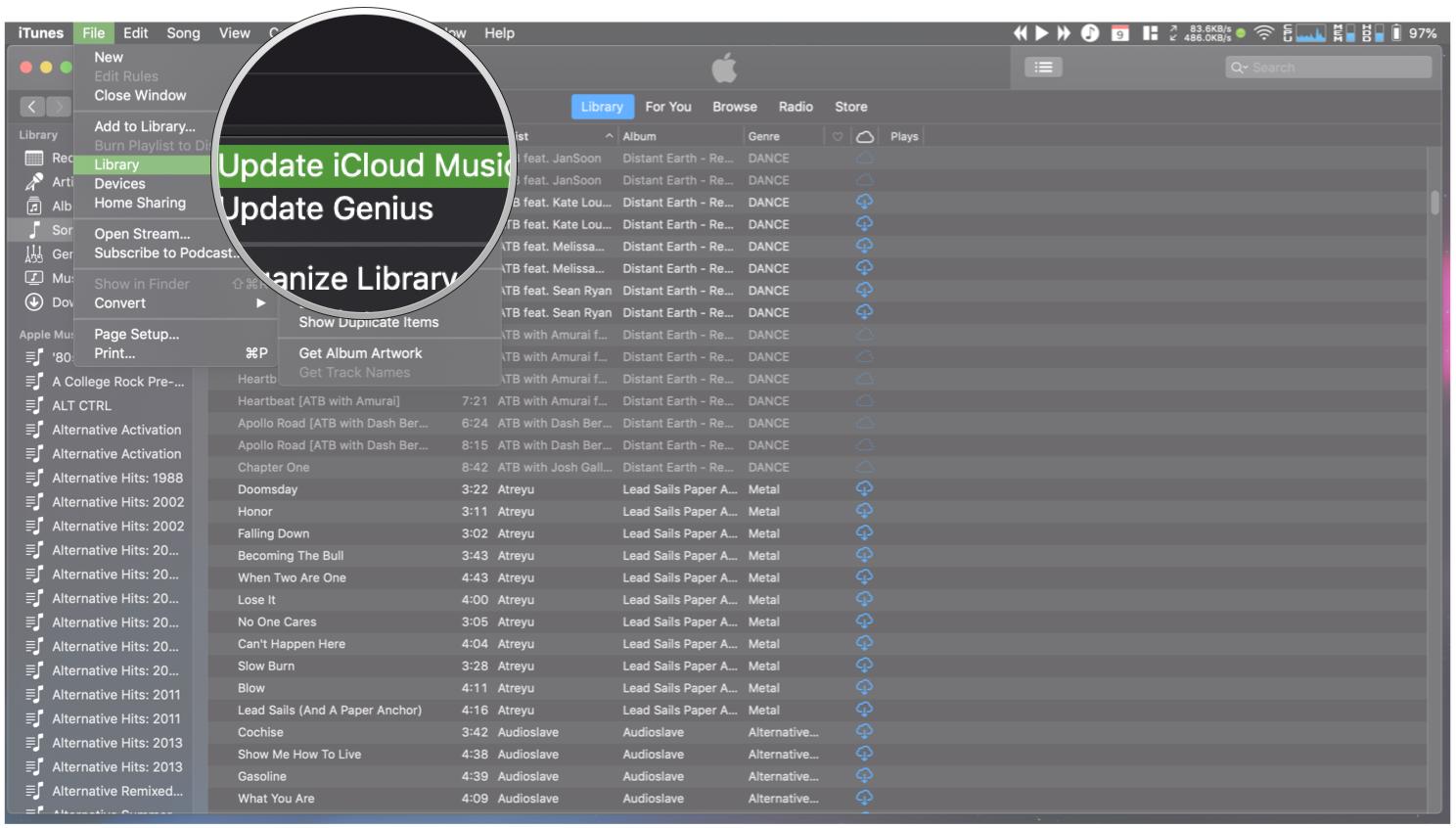 iTunes, файл, медиатека, обновление музыкальной библиотеки iCloud