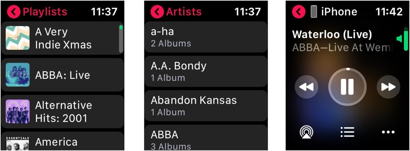 To control music from iPhone on Apple Watch, tap a category, then tap your selection to begin playing music from your iPhone. 