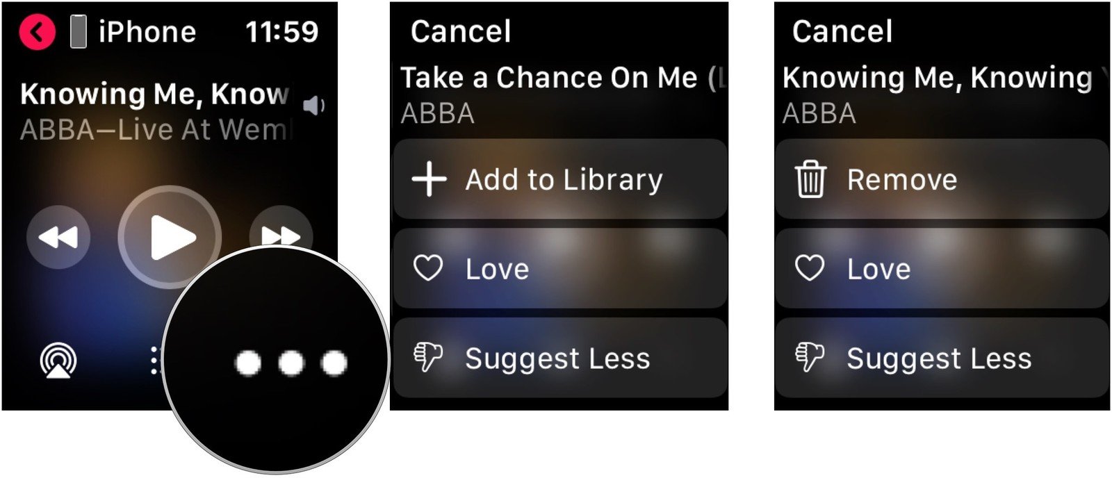 To use the playback controls on Apple Watch, tap the ... icon and make your selection