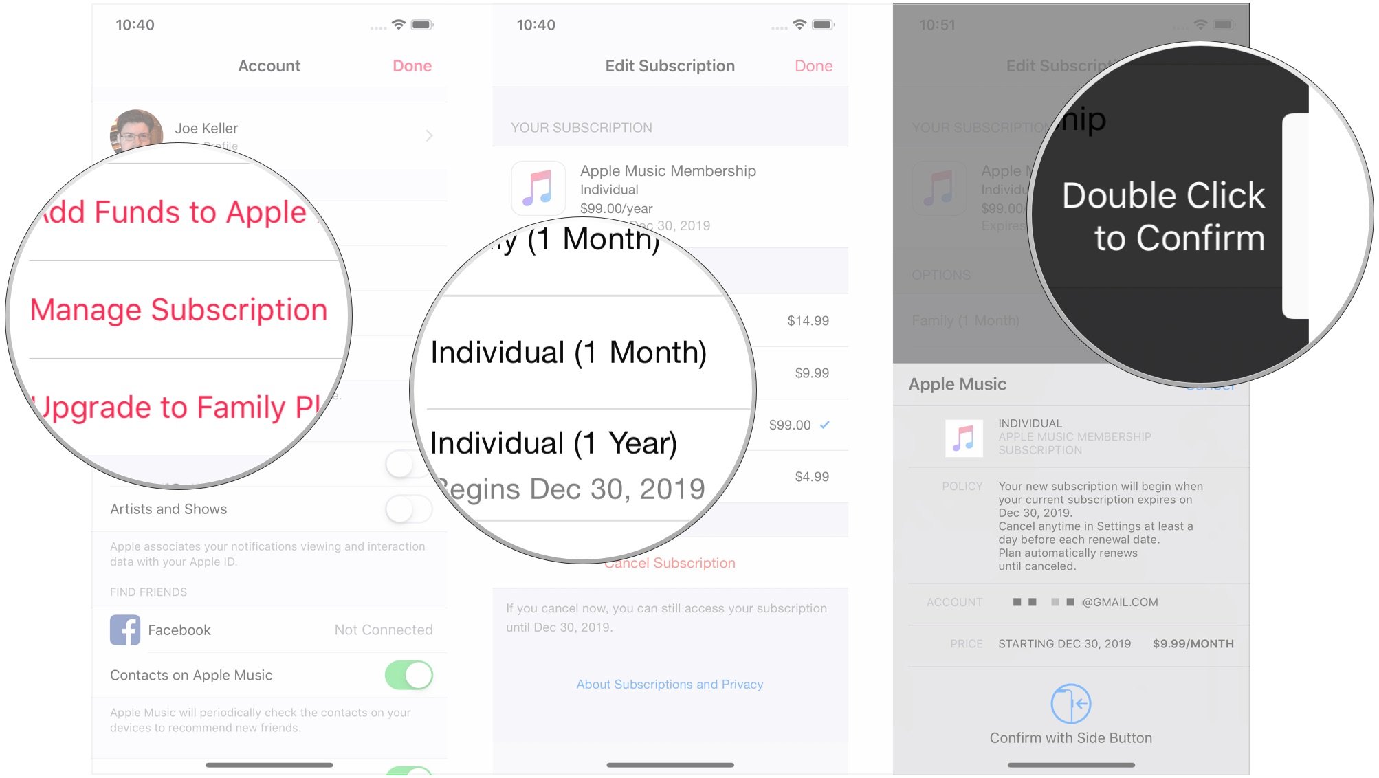 Move from head of Family plan to Individual plan on Apple Music on iPhone by showing: Tap Manage Subscription, tap Individual 1 month or 1 year, then confirm your purchase
