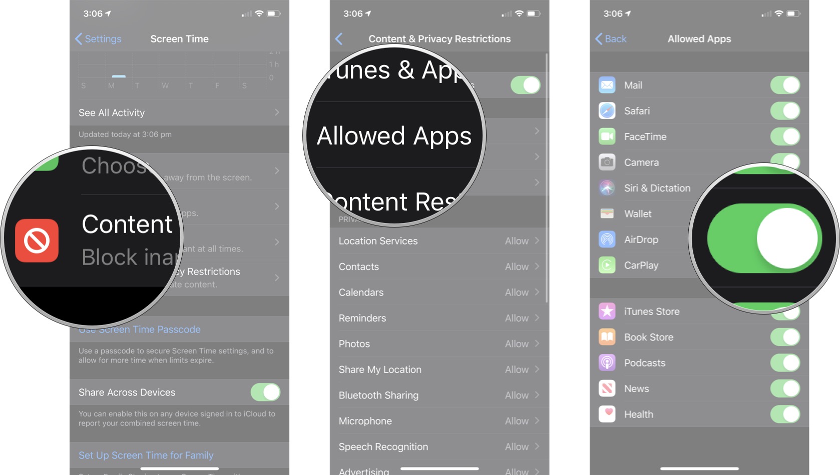 Tap Content & Privacy Restrictions, tap Allowed Apps, and then tap the AirDrop On/Off Switch.