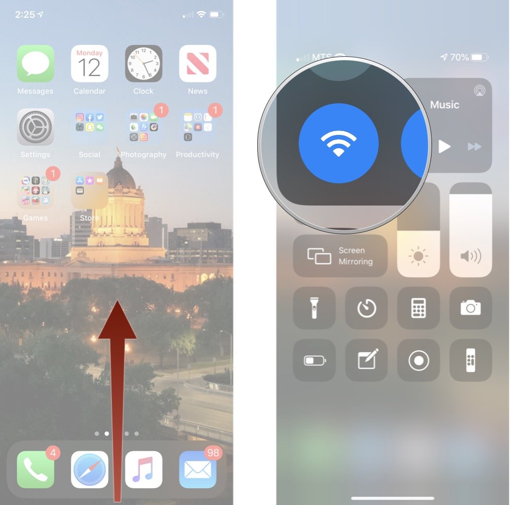 Launch **Control Center** by swiping up from the bottom bezel of your iPhone or iPad and then Long press the Wi-Fi button.