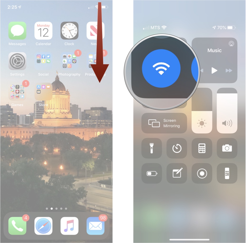 Launch Control Center by swiping down from the top right corner of the screen and then long press on the Wi-Fi button.