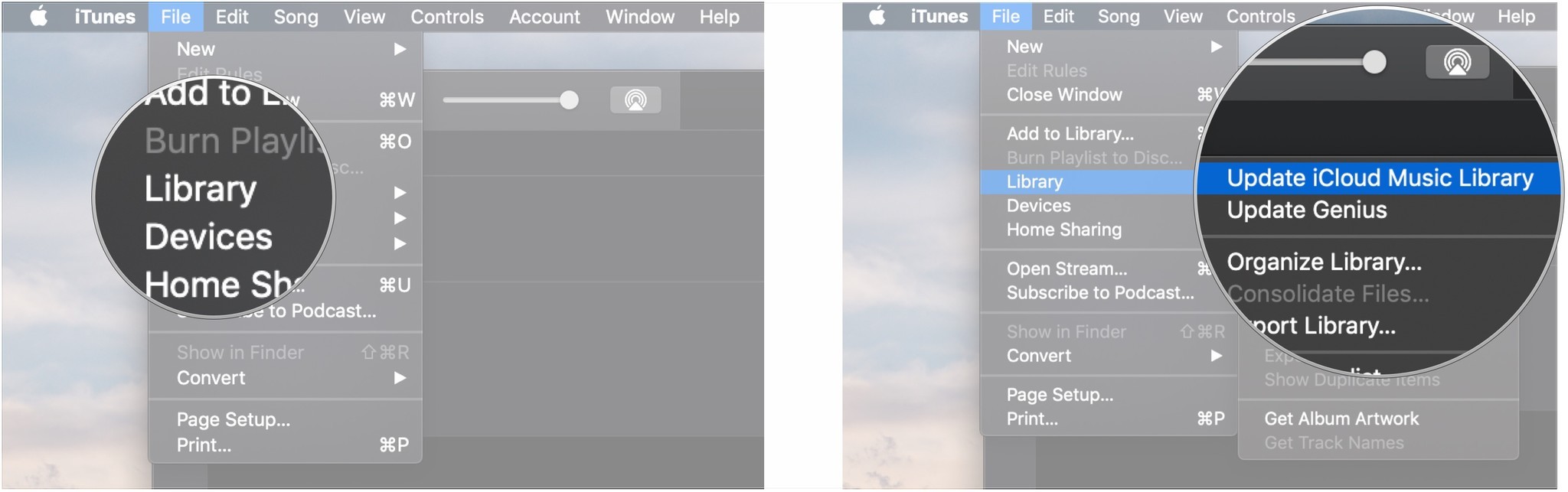 Hover cursor over Library, click Update iCloud Music Library