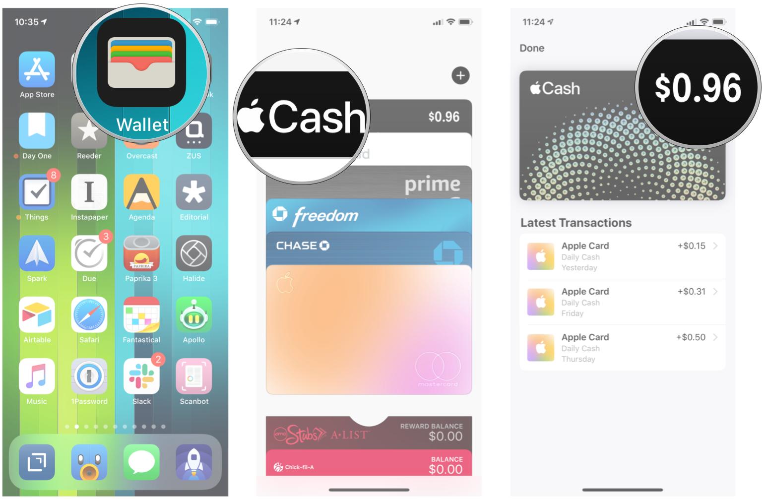 Open Wallet, tap Apple Cash Card, view your cash rewards