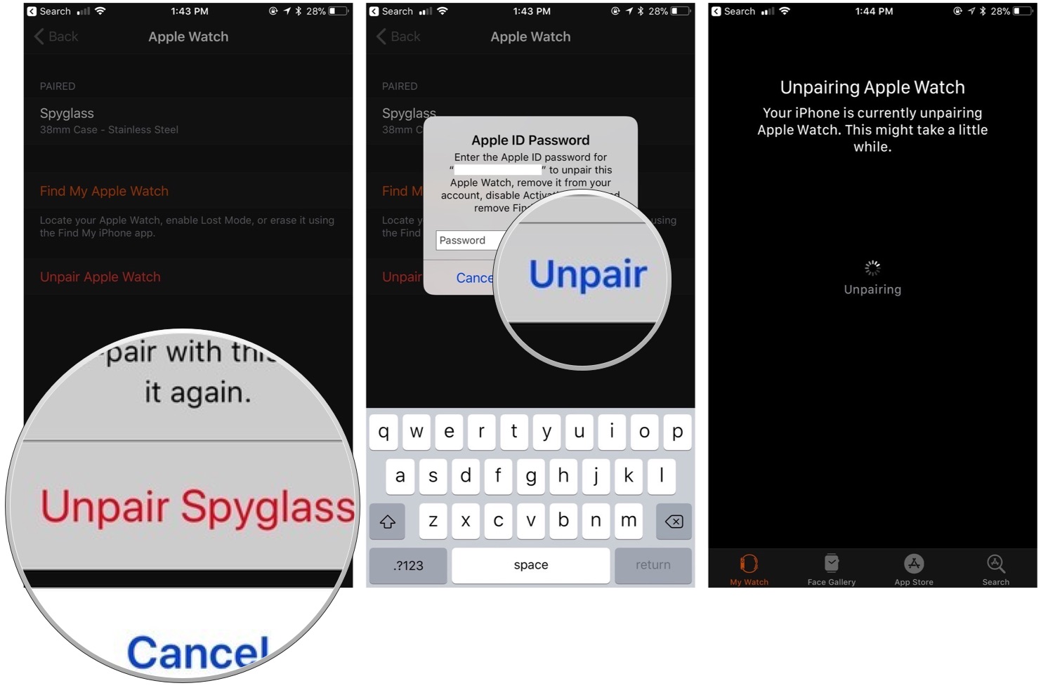 Unpair Apple Watch via iPhone: Disable the Activation Lock by entering your Apple ID password and pressing Unpair. From there, your watch will go through the steps of erasing itself.