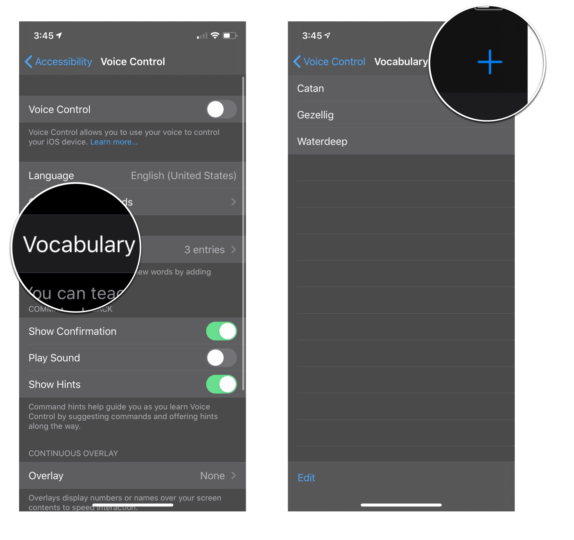 Vocabulary menu in Voice Control: Tap Vocabulary, tap the + button.