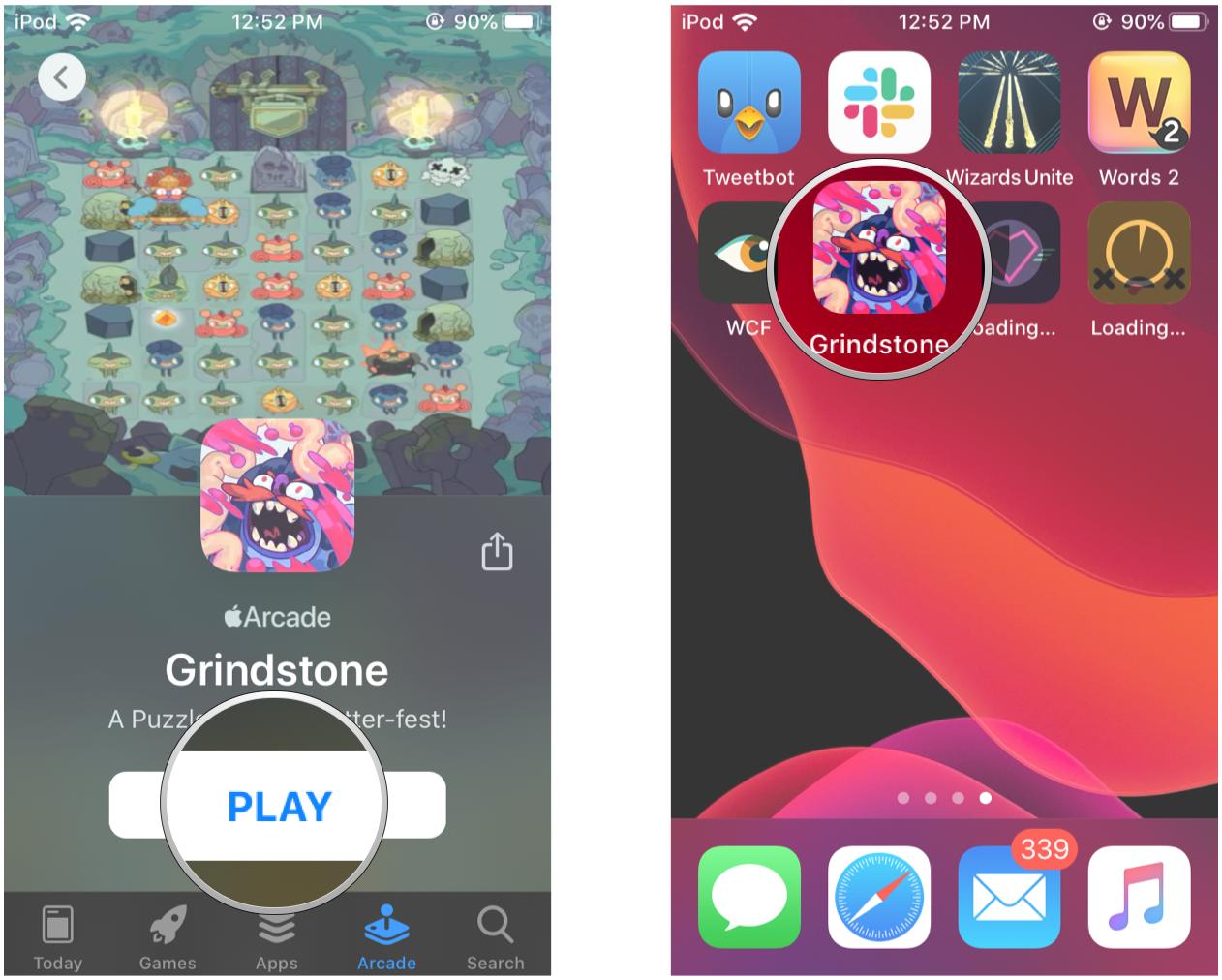 How to select and start playing a game on Apple Arcade on iPhone and iPad by showing steps: Tap Play to start playing, or launch it from the Home Screen like any other app