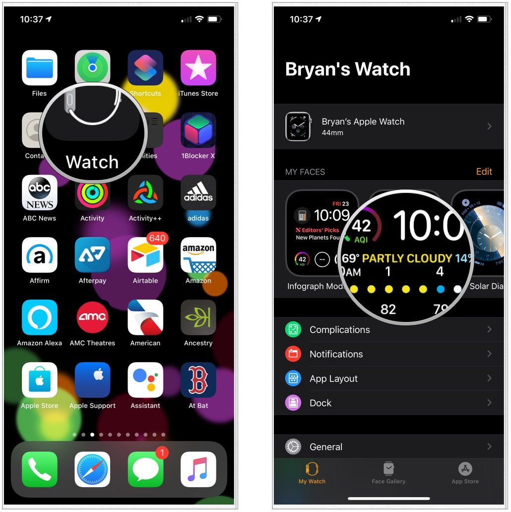 Чтобы добавить функции Apple Watch через iPhone, запустите приложение Watch, выберите циферблат на вкладке «Мои часы».
