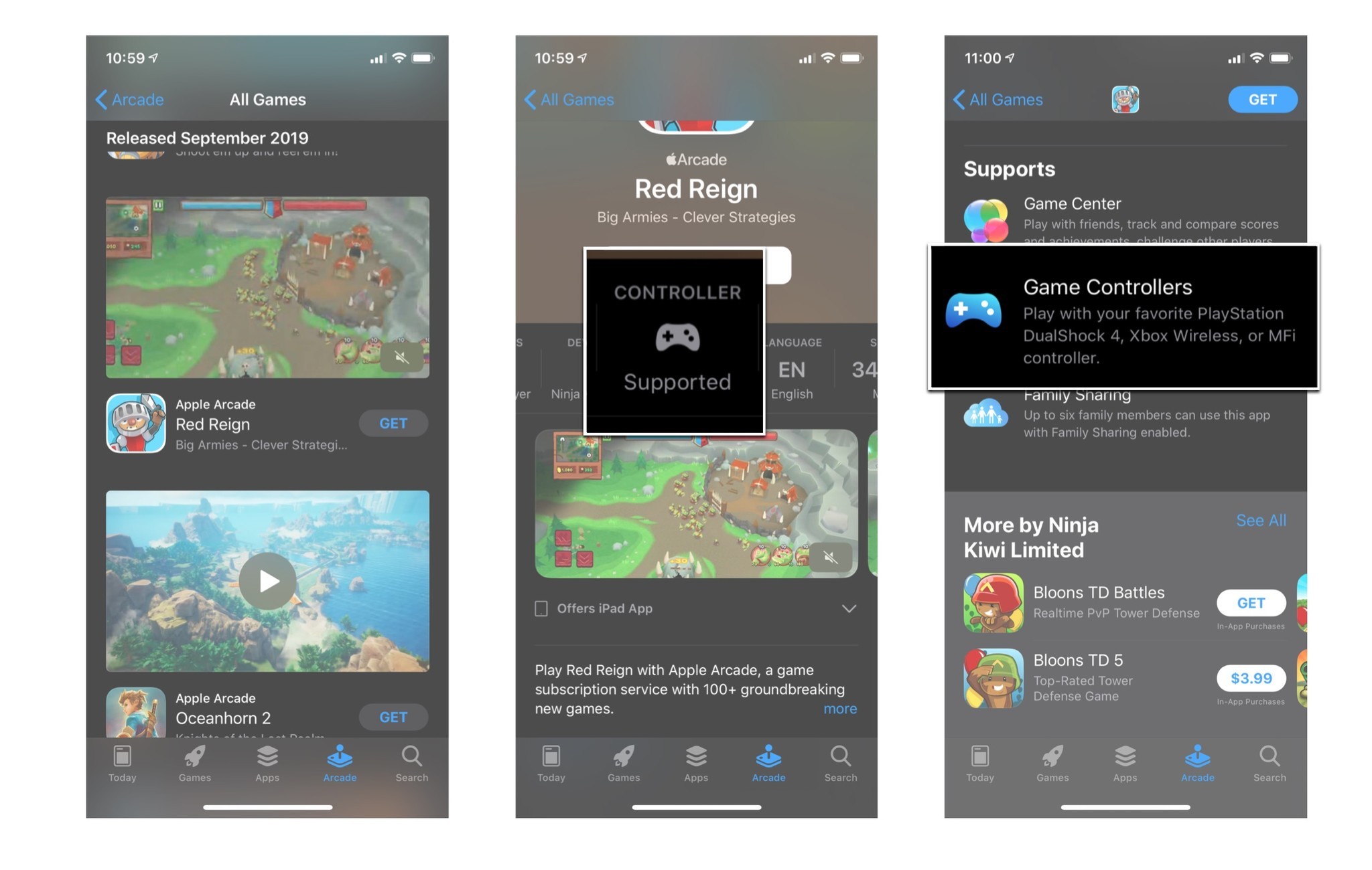 Apple App Store Screenshots showing the Controller Support block beneath the app listing