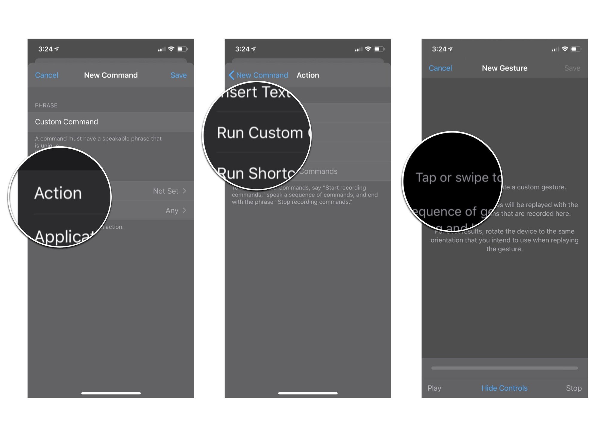 Custom gesture command edit screen: Tap action, tap run custom gesture, and then tap or swipe to create the gesture you want.