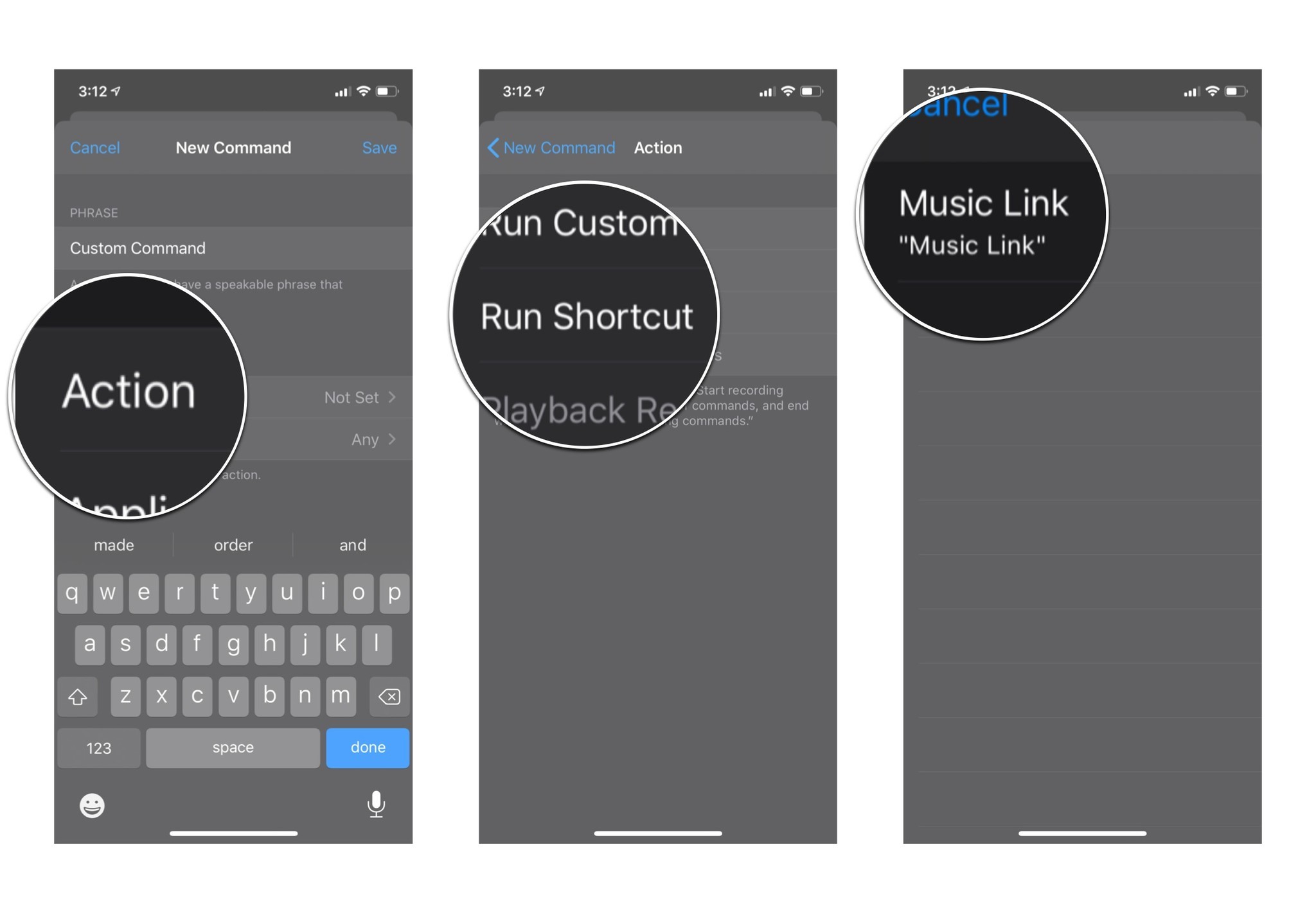 Creating custom shortcut command in Voice Control: Tap Action, tap run shortcut, and then tap the shortcut you want.