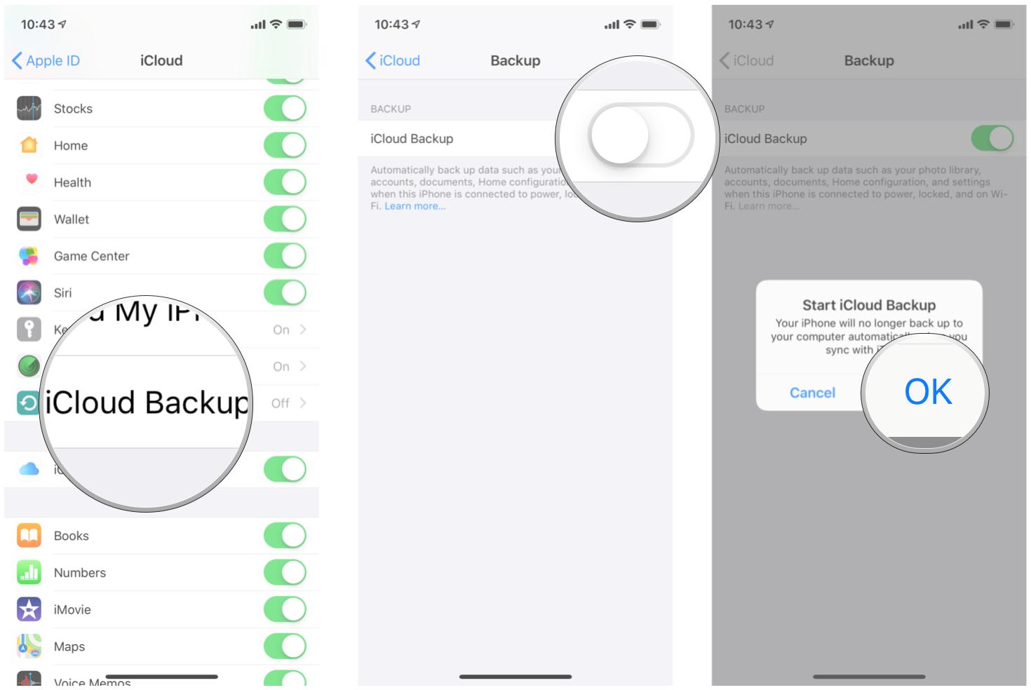 Enabling iCloud backup showing how to tap iCloud Backup, flip the switch to enable backups, and tap OK