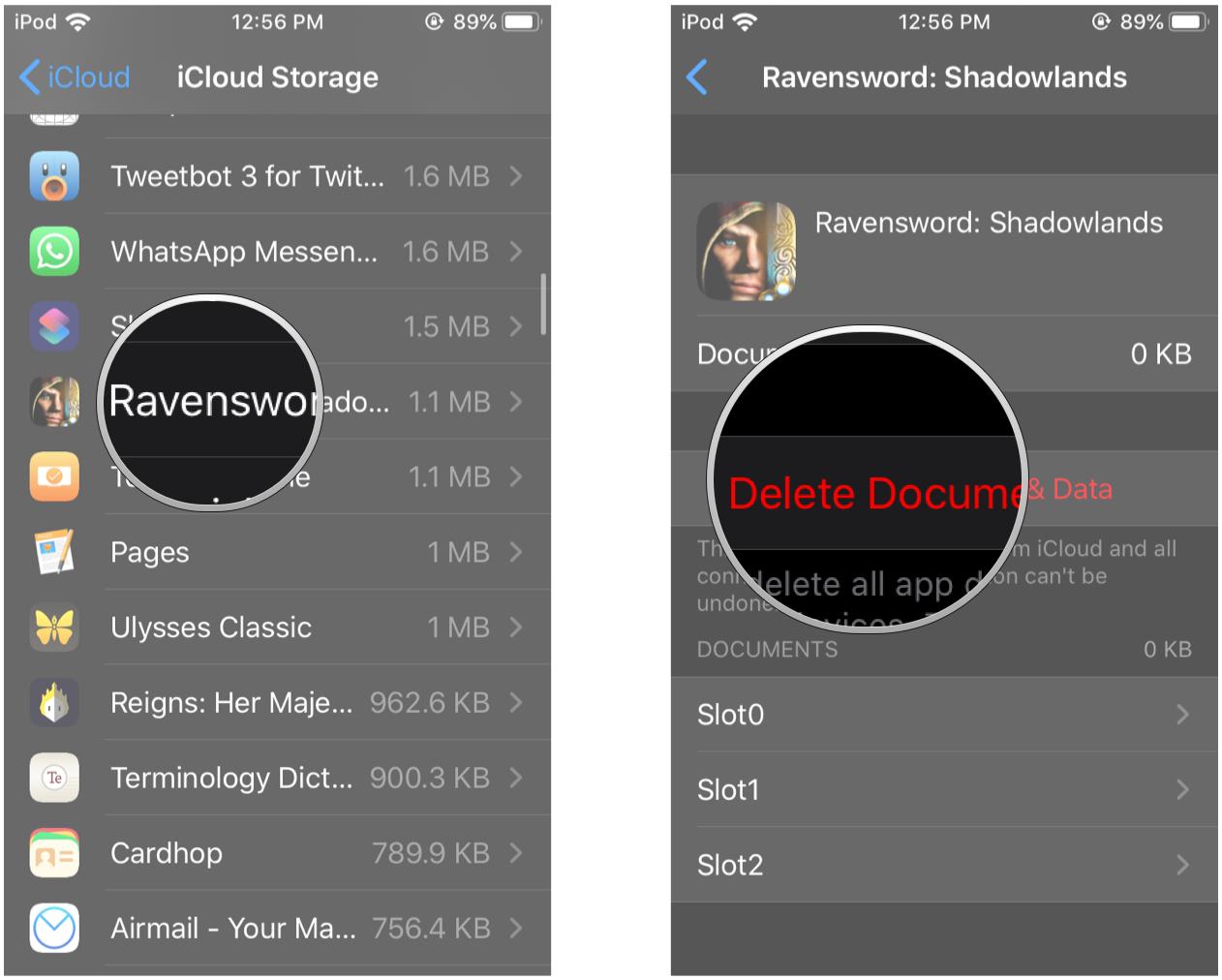 Manage your iCloud game saves by showing steps: Tap on the game you want to delete data for, then tap Delete Data