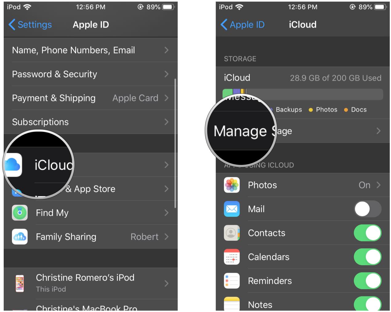 Manage your iCloud game saves by showing steps: Tap iCloud, tap Manage Storage