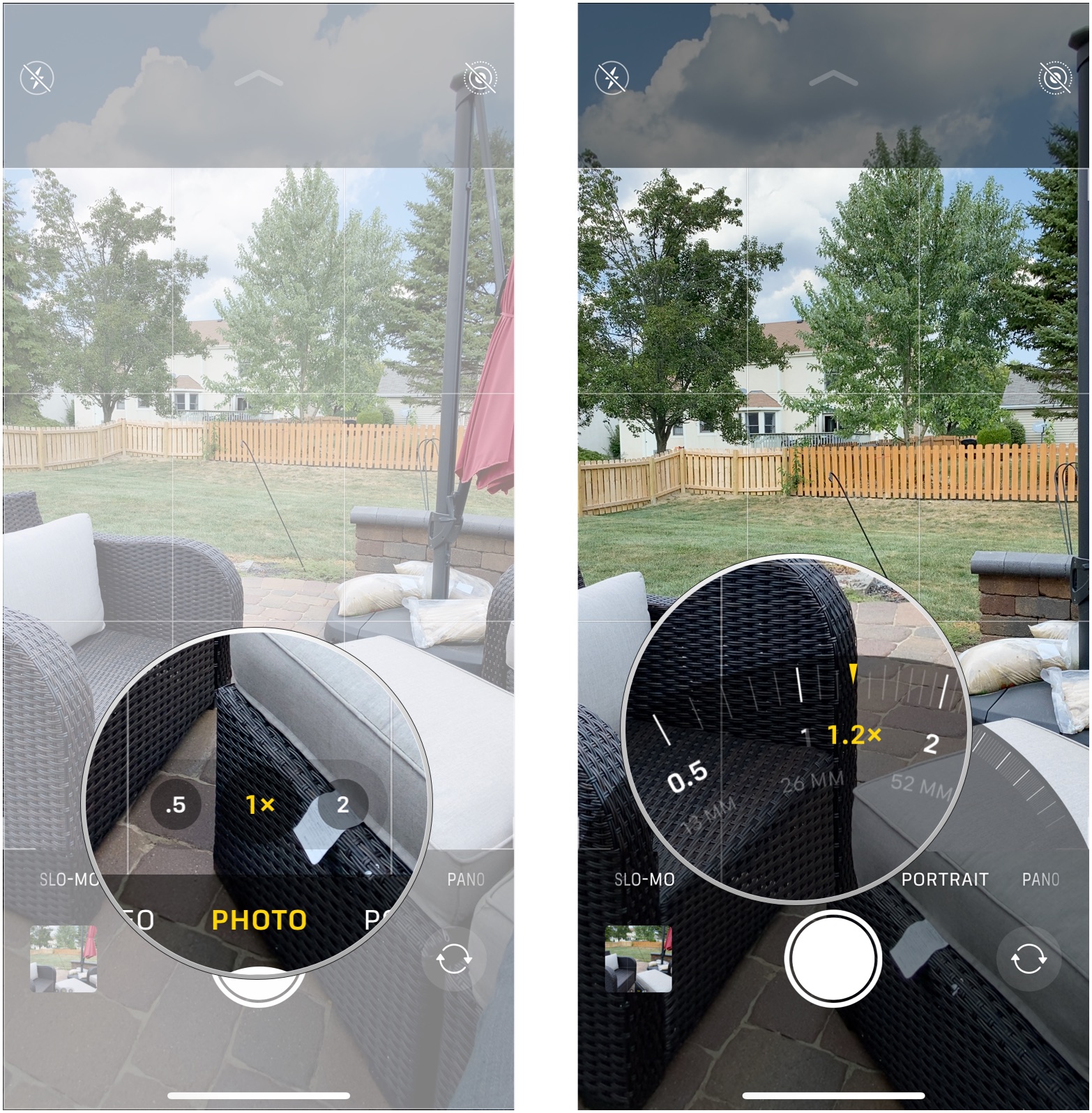 Tap and hold camera selector, drag zoom dial