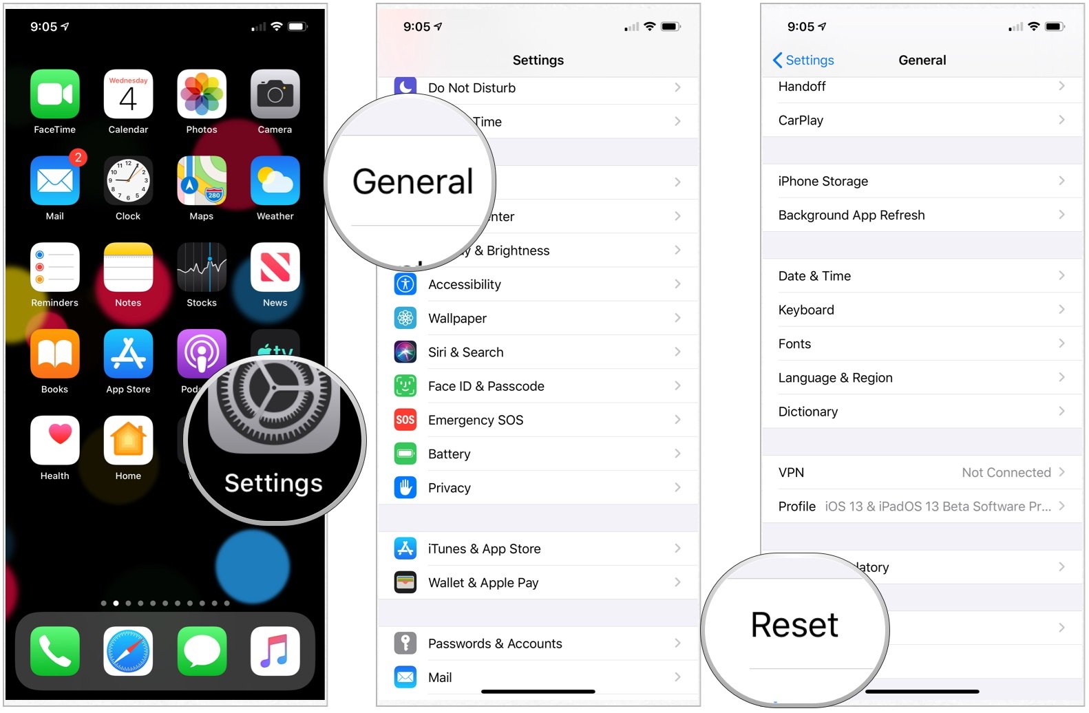 To erase iPhone or iPad, launch the Settings app, then tap General. Scroll, then tap Reset. 