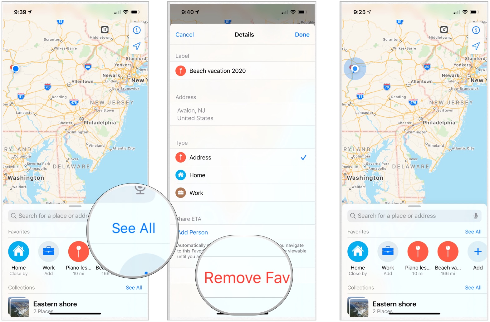 To delete favorites for the Maps app, tap See All next the favorites list, then choose the information icon next to the location you wish to delete. Then tap Remove Favorite.