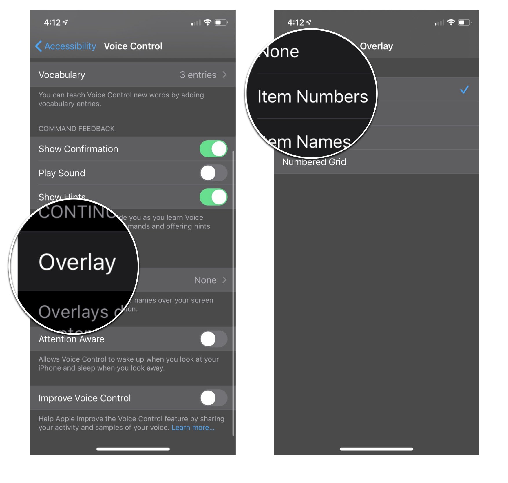 Item numbers overlay settings: Tap overlay and then tap item numbers