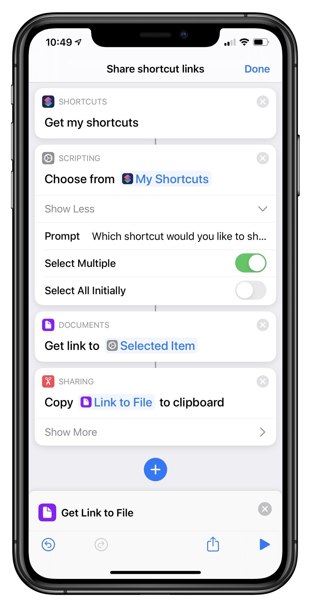 Screenshot showing example shortcut on iPhone using Get My Shortcuts, Choose From List, Get Link to File, and Copy to Clipboard actions.