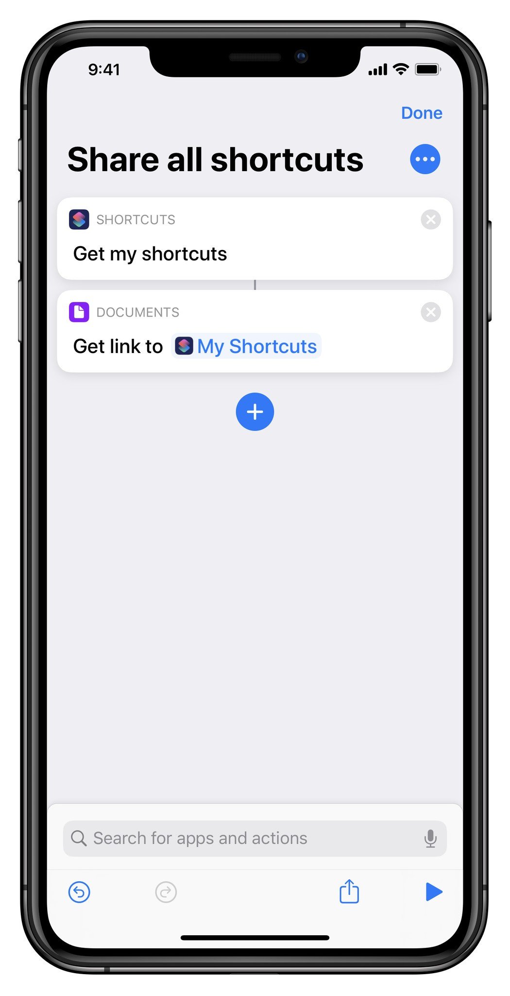 Screenshot showing shortcut on iPhone with only Get My Shortcuts and Get Link to File actions.
