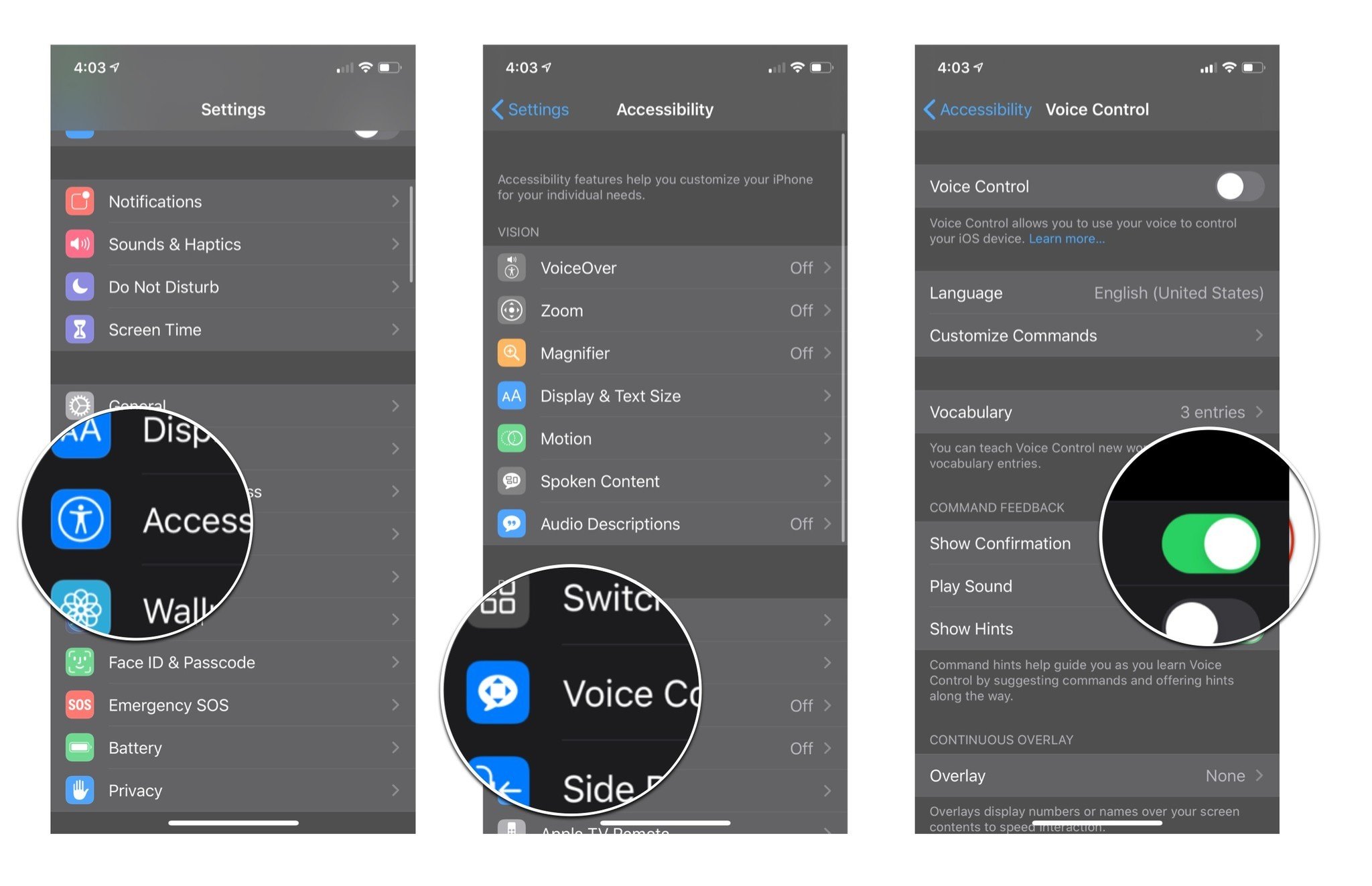 Command Confirmation in Voice Control Menu: Launch Settings, tap acessibility, tap voice control, and then tap the show comfirmation On/Off switch