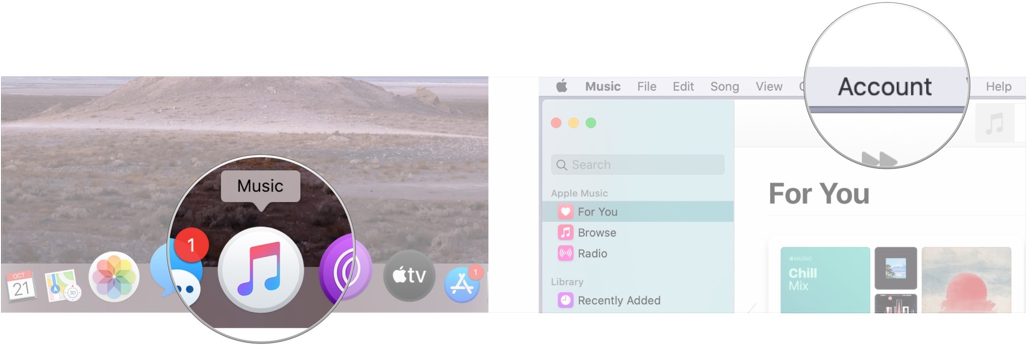 Switch to a Family Plan on Apple Music on Mac by showing: Open Music, click Account