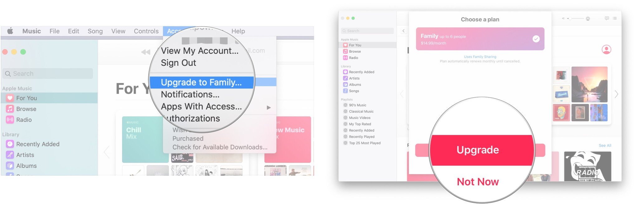 Switch to a Family Plan for Apple Music on Mac by showing: Click Upgrade to Family..., click Upgrade