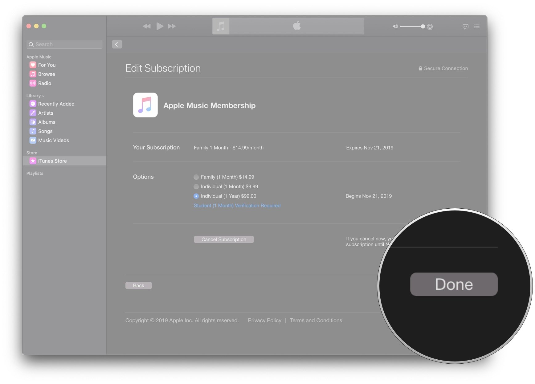 Switch to individual plan for Apple Music on Mac by showing: Click Done