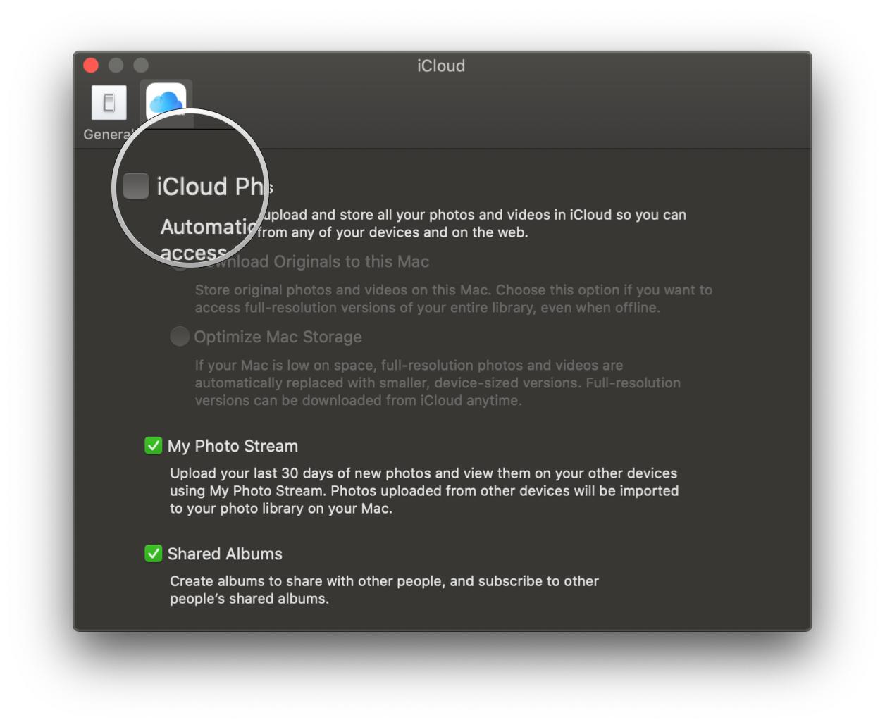 Click iCloud Photos to turn on