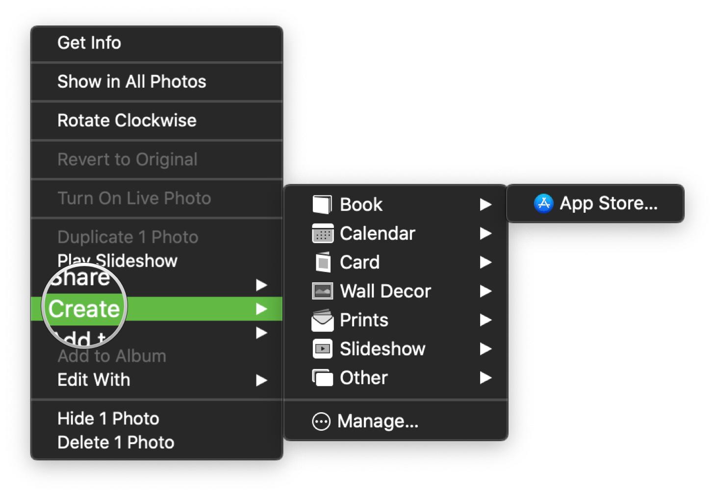 Щелкните фото правой кнопкой мыши, выберите «Создать», выберите метод, нажмите «Магазин приложений».