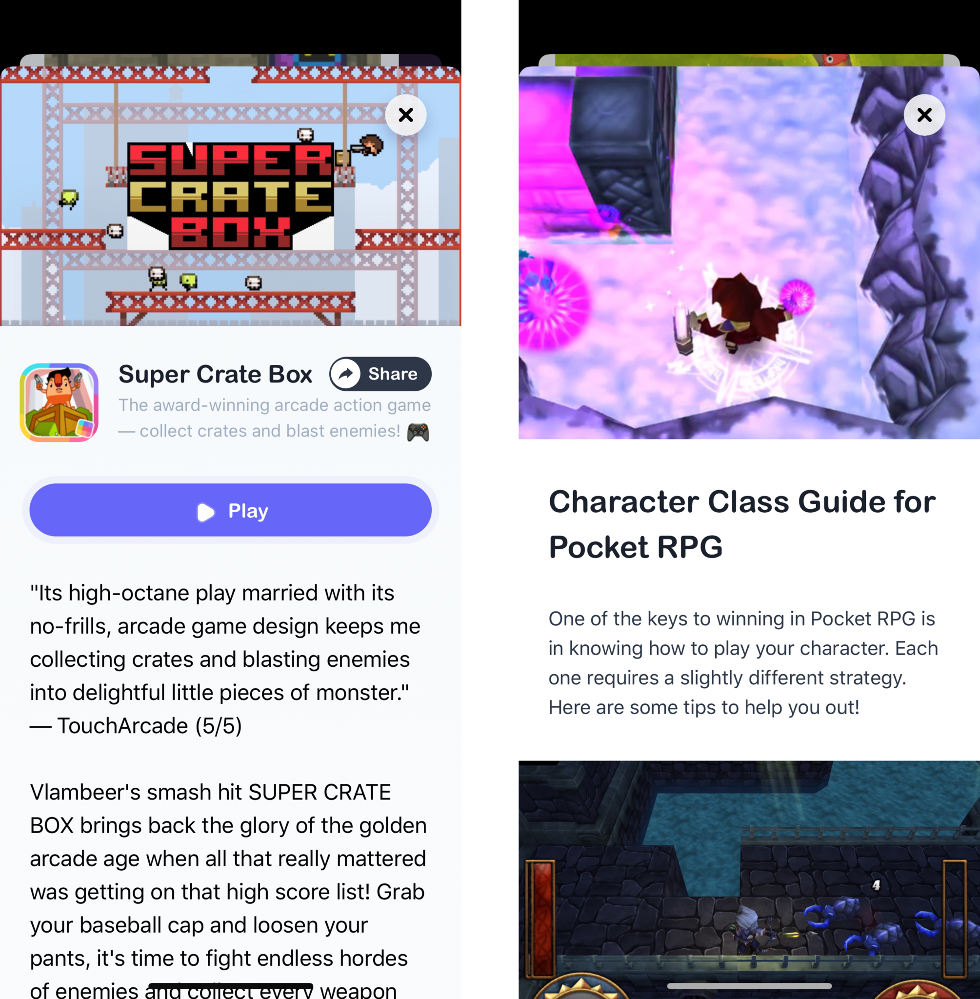 Viewing a game detail page and an article in Stories in GameClub app