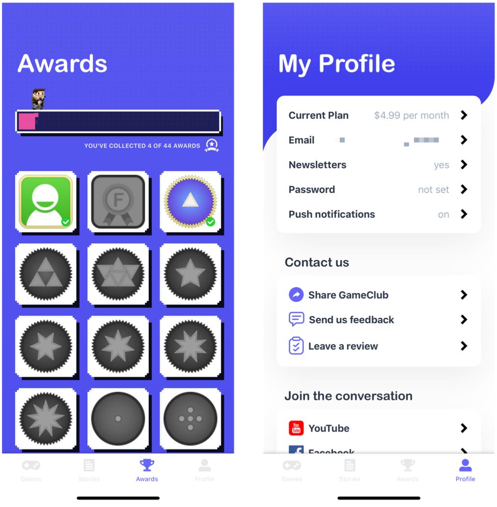 Awards and Profile tabs in GameClub app