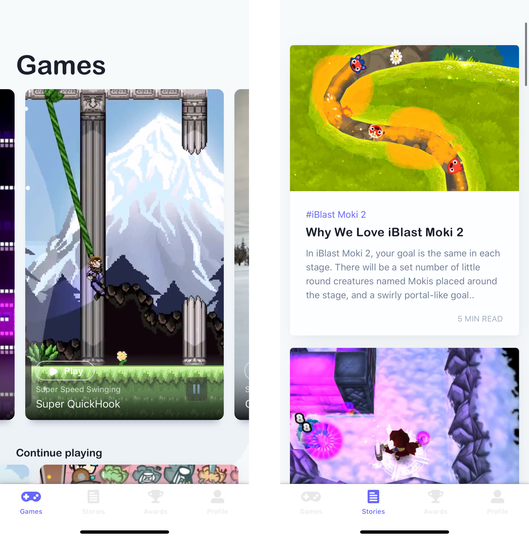 Games and Stories tabs in GameClub app