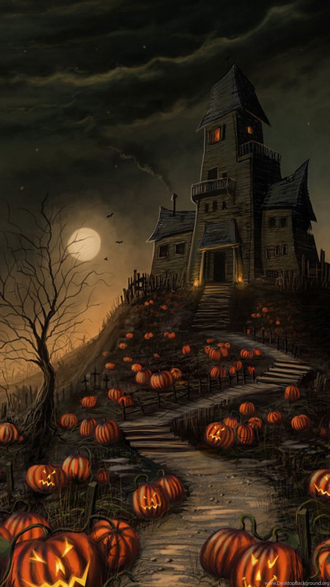 Curvy path lined with jack-o-lanterns to a haunted house