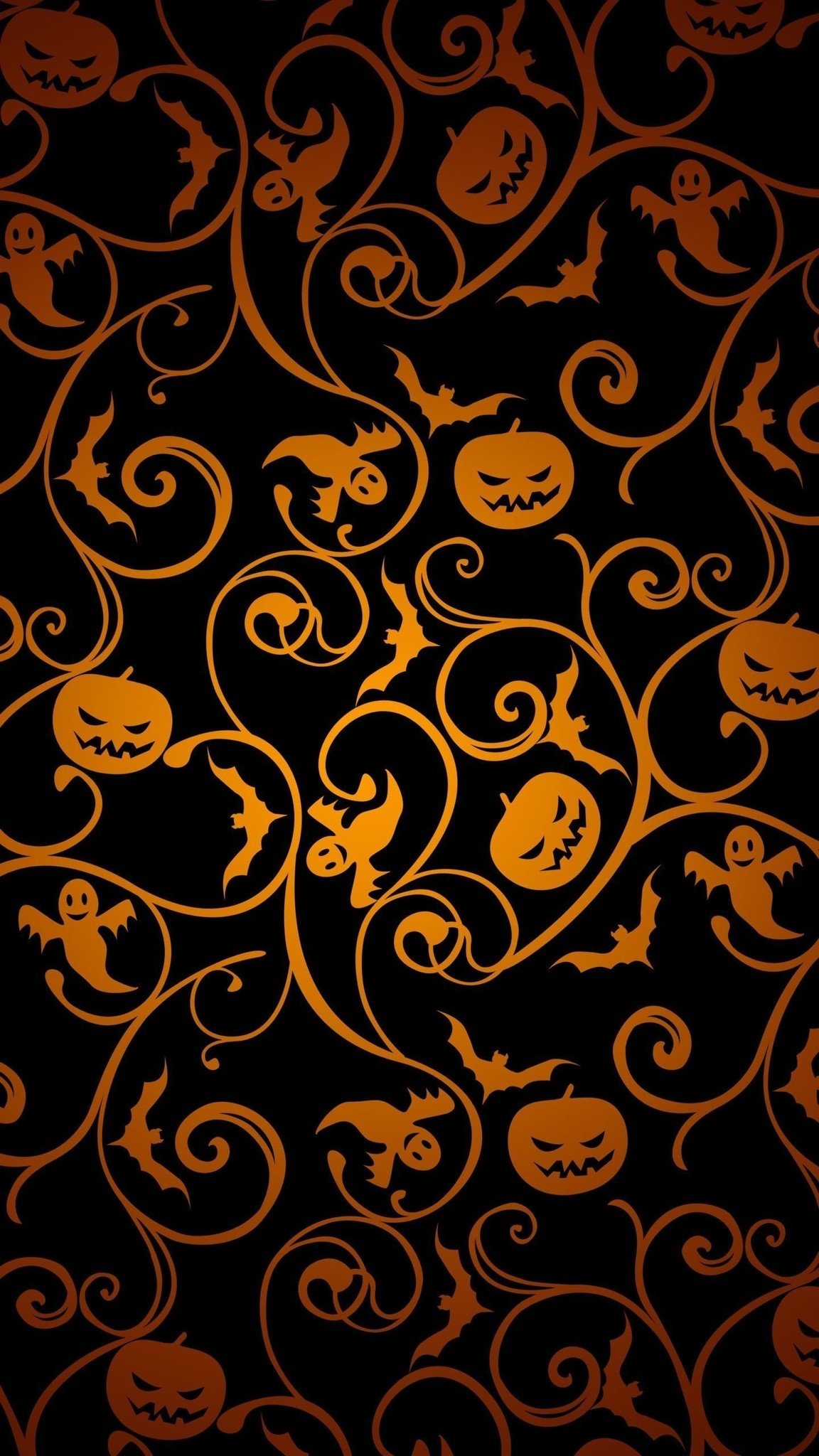 Orange pumpkins, ghosts, bats pattern against black background