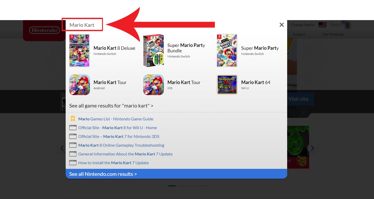 Sitio web de Nintendo que utiliza la barra de búsqueda para localizar Mario Kart 8 Deluxe