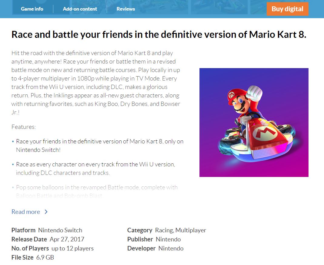 La descripción del sitio web de Mario Kart 8 Deluxe Nintendo