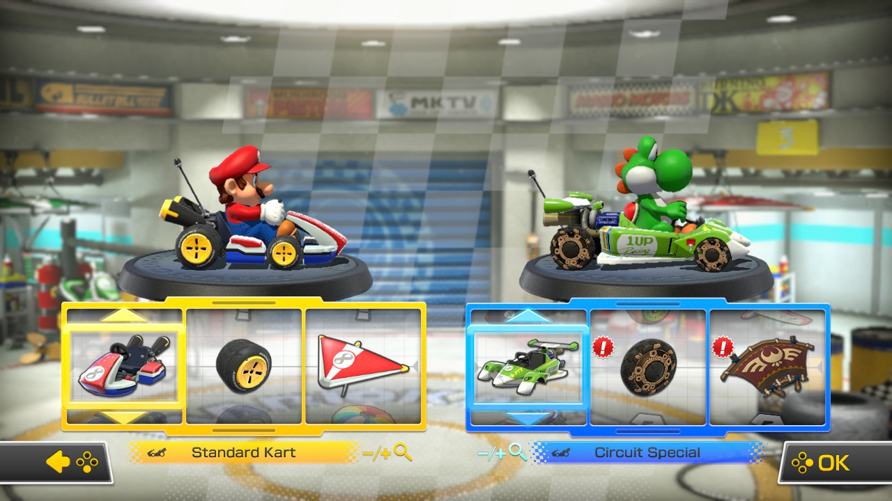 Mario Kart 8 Deluxe kart, wheel, and glider selection two players