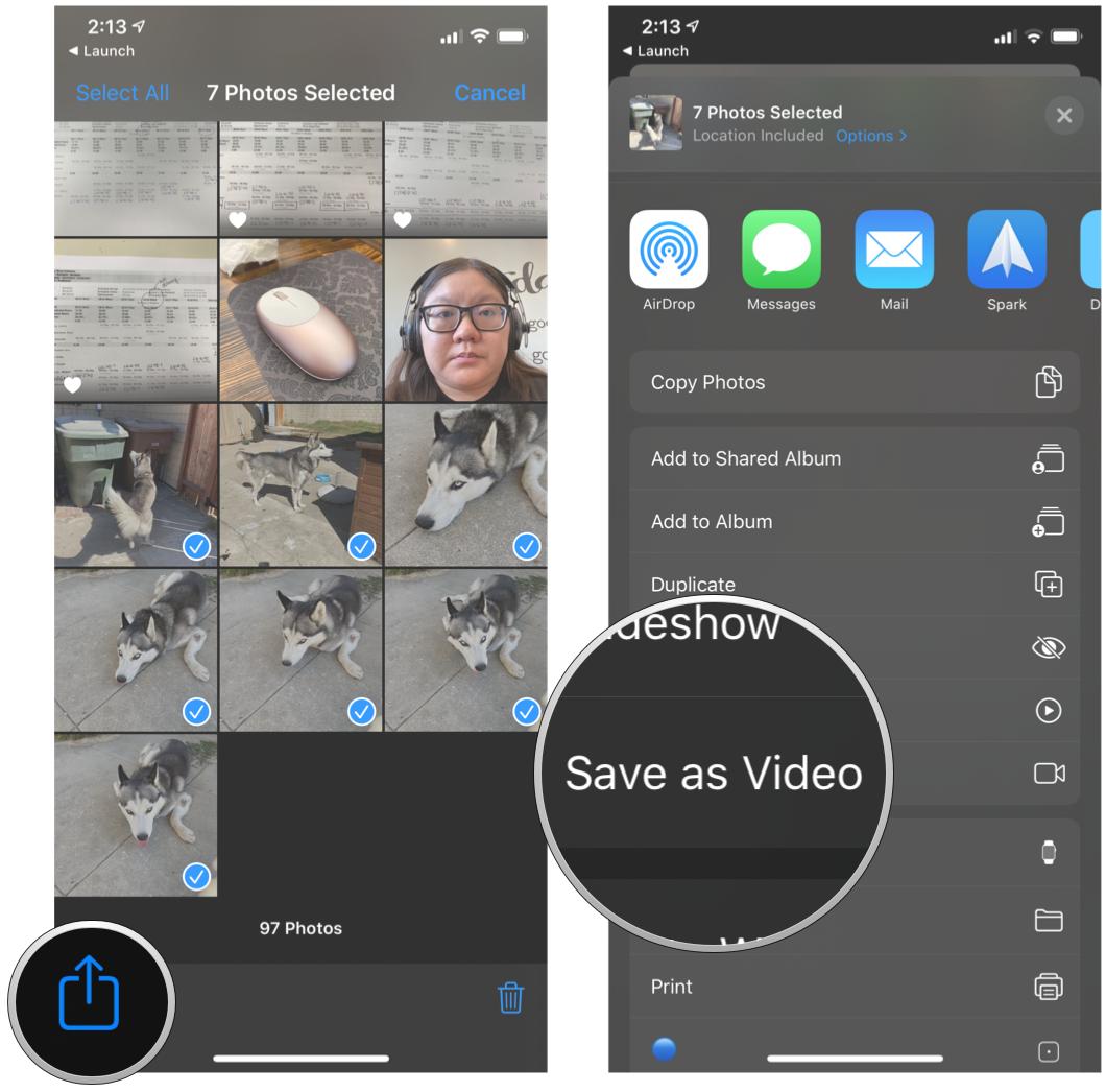 Select your Live Photos, tap Share, Save as Video