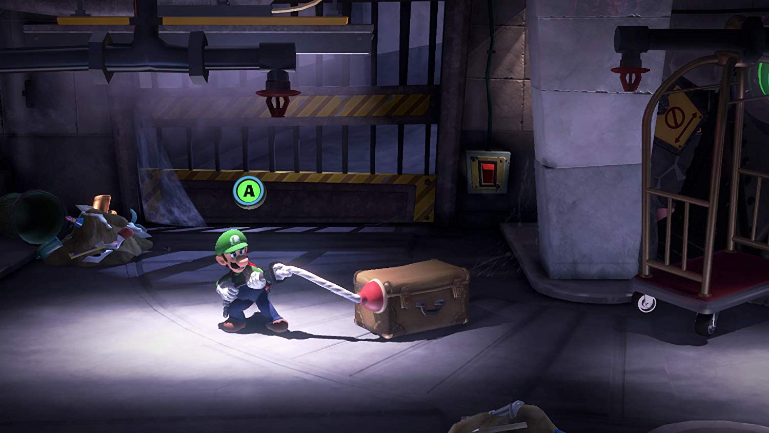 Luigi's Mansion 3 using the Poltergust G-00 Suction Shot on a box