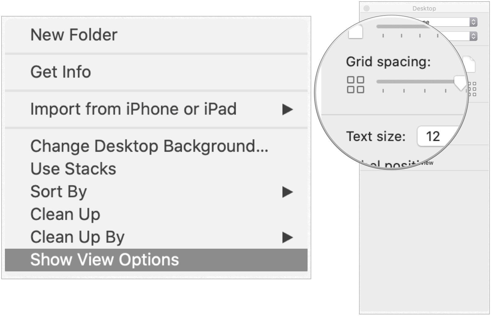 To change the grid spacing on the desktop on Mac, right-click any blank space on the desktop, then click Show View Options. Adjust the grid spacing with the slider.
