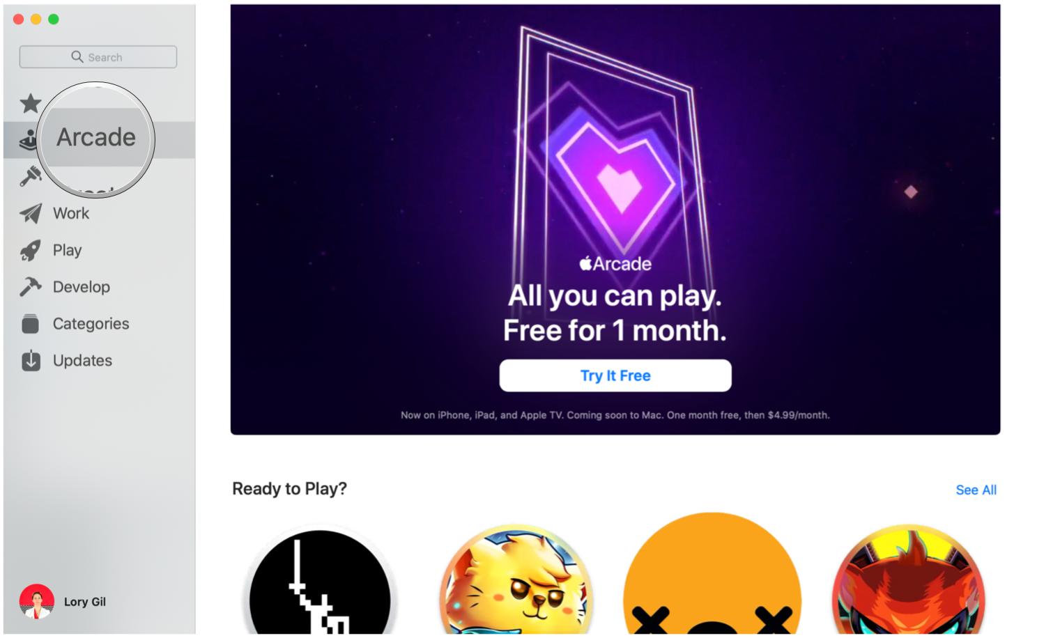 Sign up for Apple Arcade on Mac by showing steps: Click Arcade in the sidebar