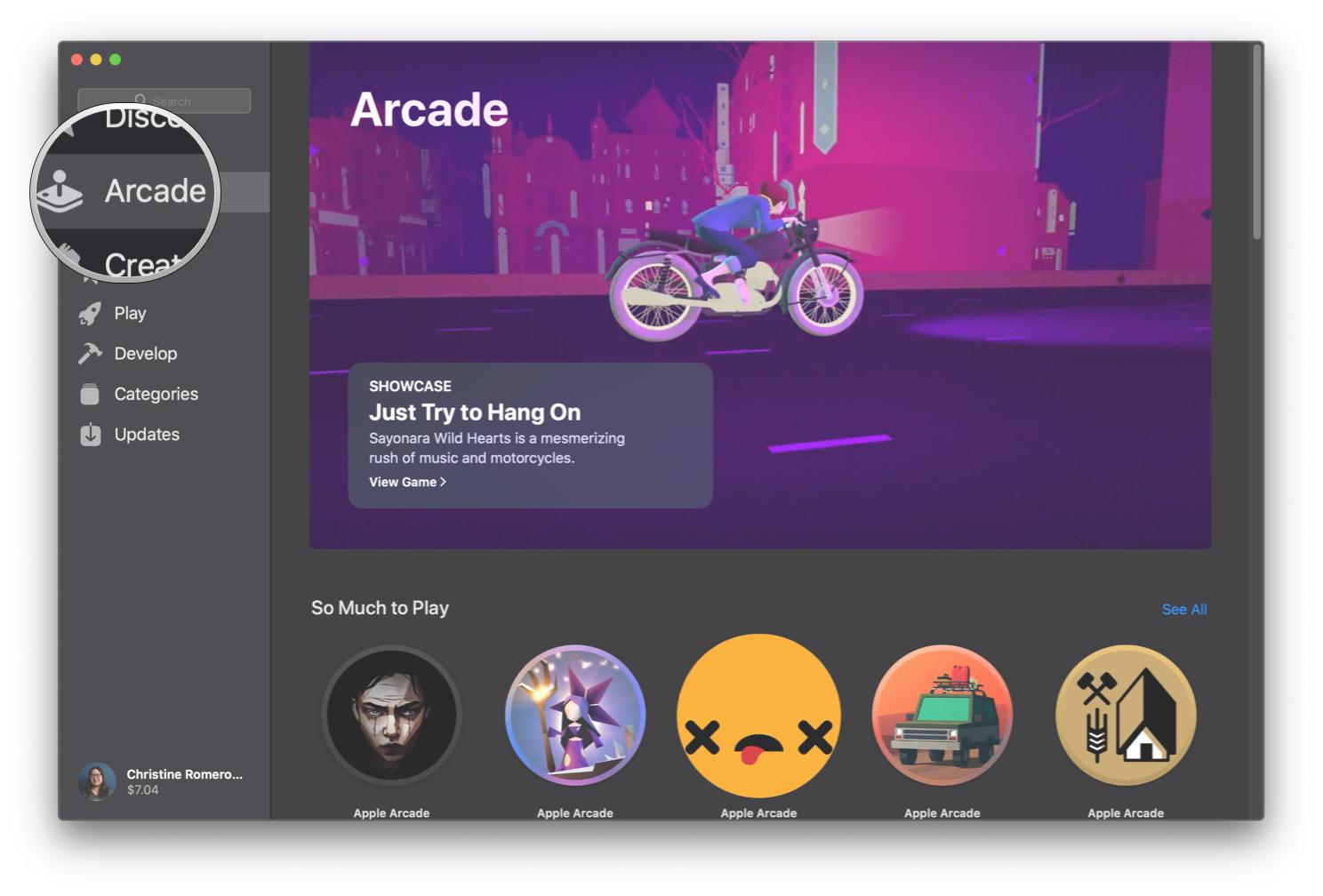 How to select and start playing a game on Apple Arcade on Mac by showing steps: Click Arcade tab on App Store