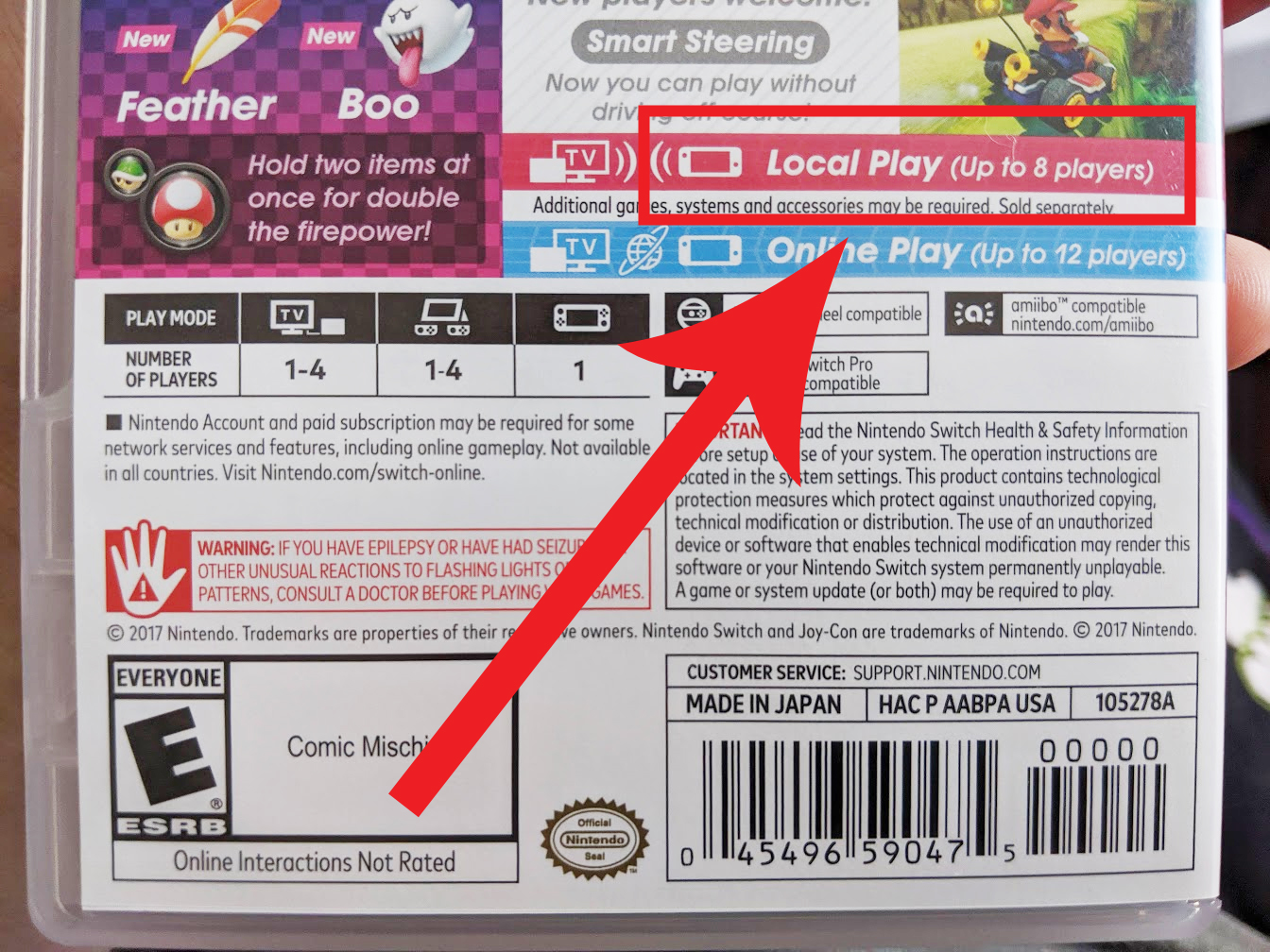Points to the local game section on the back of the Mario Kart 8 Deluxe box