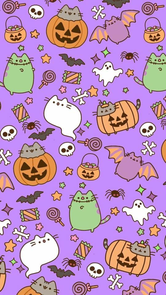 Pusheen in costumes with pumpkins and candy