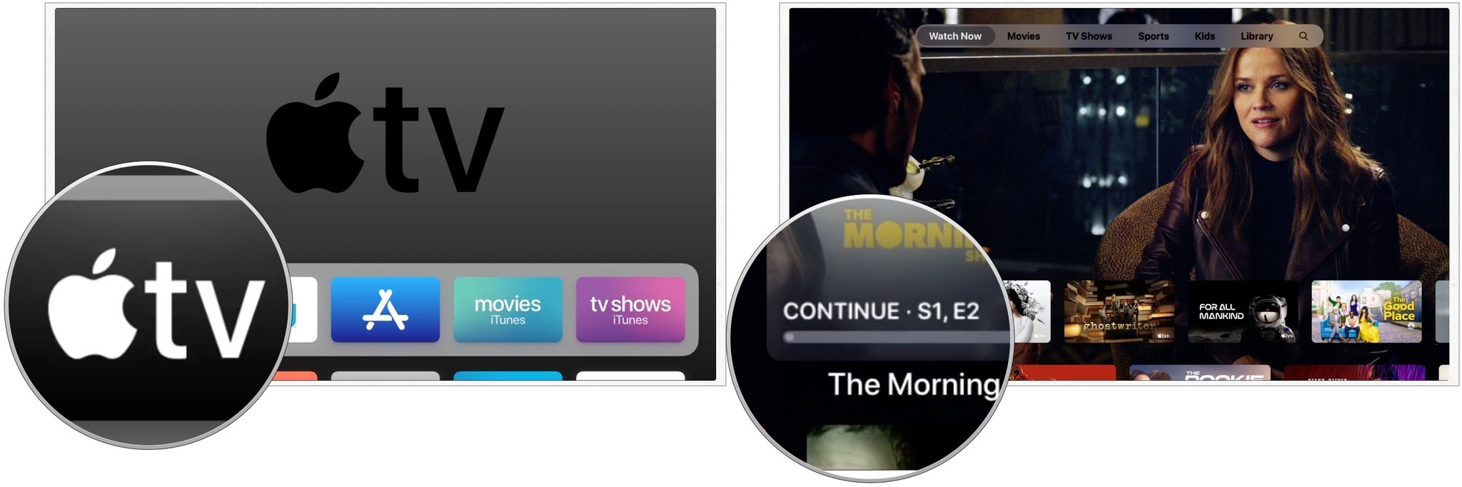 Para mirar en Apple TV, toque la aplicación de TV, haga clic en el programa Apple TV+ en su lista A continuación.  También puede desplazarse hacia abajo hasta Qué ver y encontrar algo para ver.  Haz clic en Reproducir episodio. 