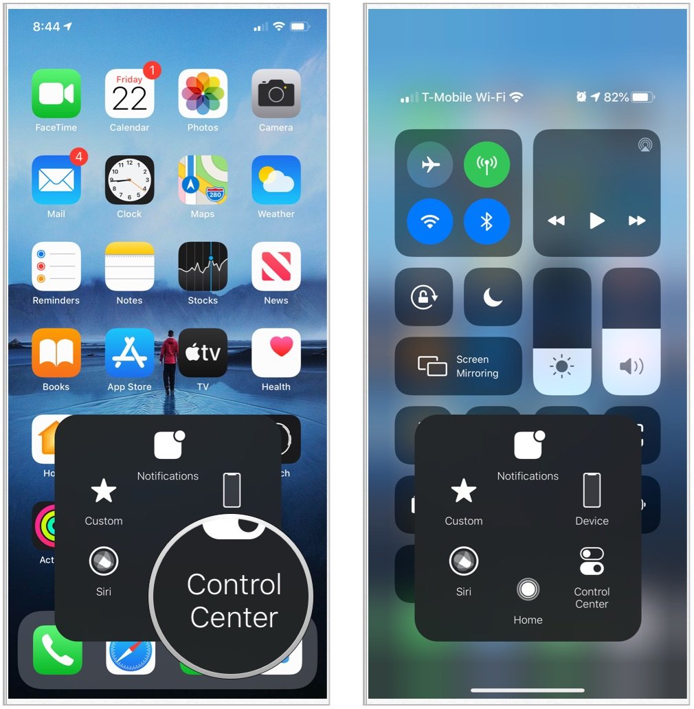 To use AssistiveTouch, tap the AssistiveTouch shortcut, then choose an option, which include notifications, device, Control Center, home, Siri, and custom. 