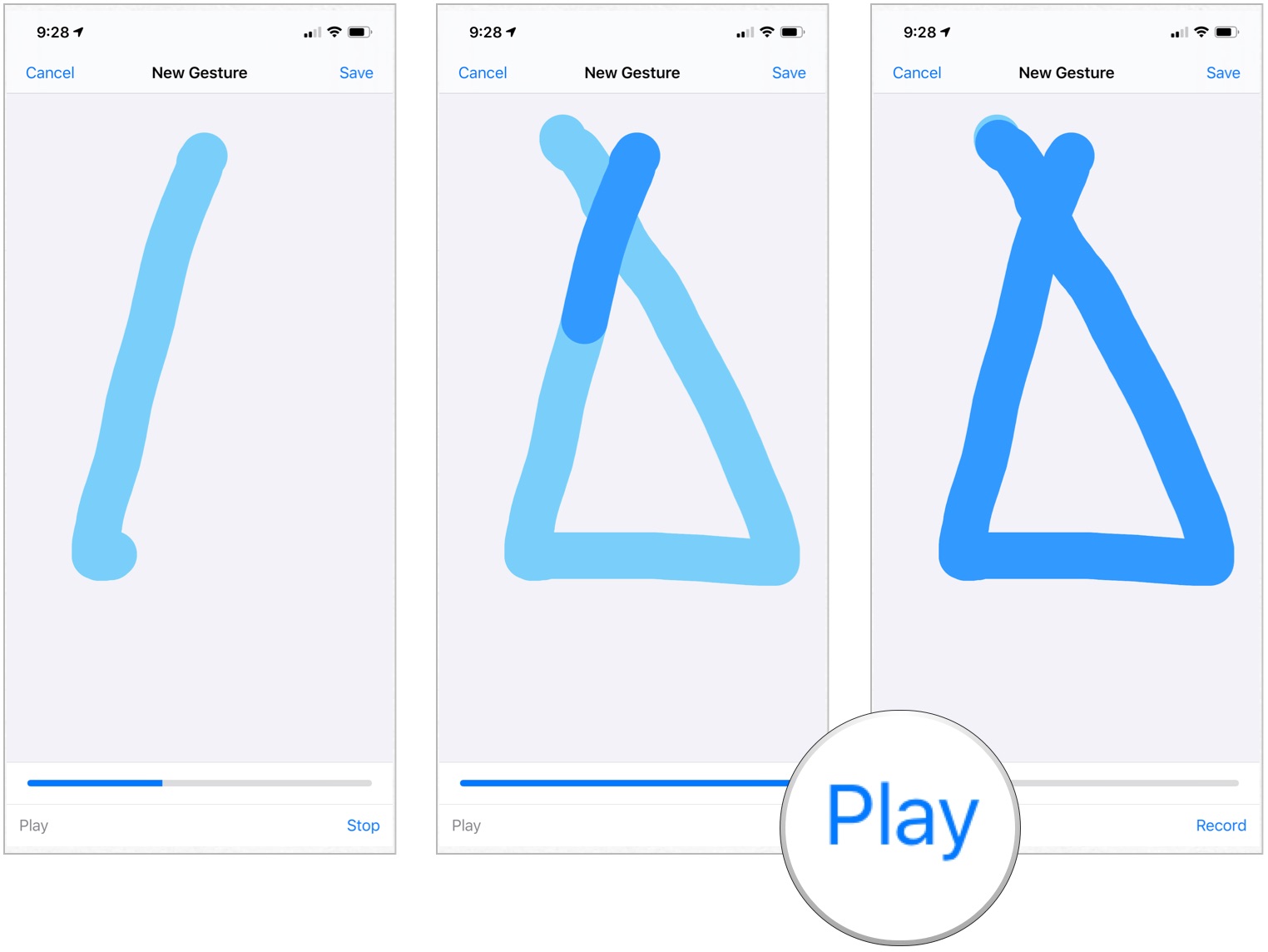 To add custom gestures, tap or swipe to create a new gesture, top stop when you're done recording. Then tap play to review your gesture, and record to re-record it.
